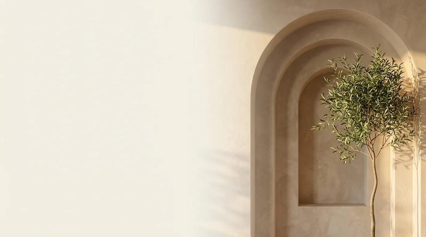 Architectural sanctuary archway with indoor tree in warm sunlight