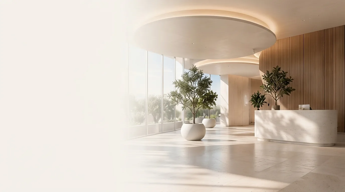 Sunlit modern architectural lobby with natural wood and indoor trees