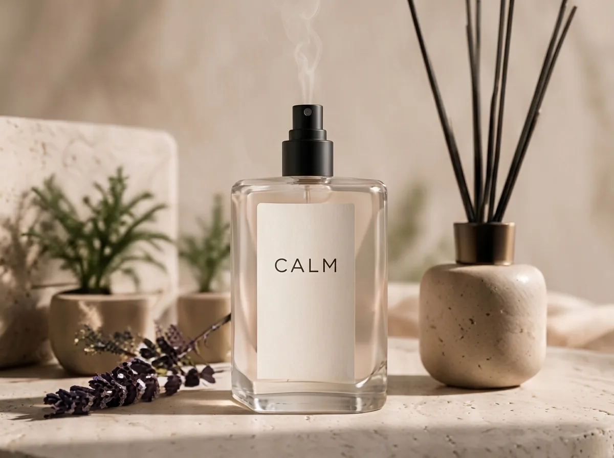STATE CALM room spray and ceramic reed diffuser on travertine stone